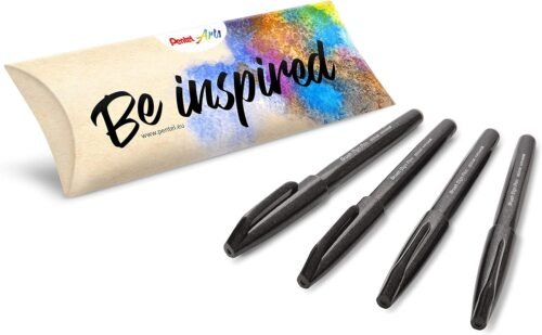 Pentel Arts Brush Sign Pen SES15C, Feutre pinceau, Noir, Pack de 4
