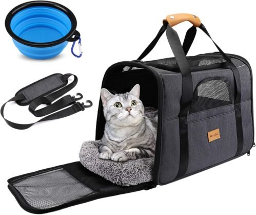 Morpilot Sac Transport Chat, Sac Transport Chien Respirant et Pliable, Caisse de Transport Chat avec Bandoulière Réglable, Cage Transport Chat avec Matelas en Peluche Amovible+Bol