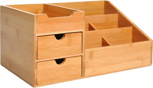 HOMCOM Boite de Rangement de Bureau – Organiseur de Bureau – 7 Compartiments, 2 tiroirs – Bambou Verni
