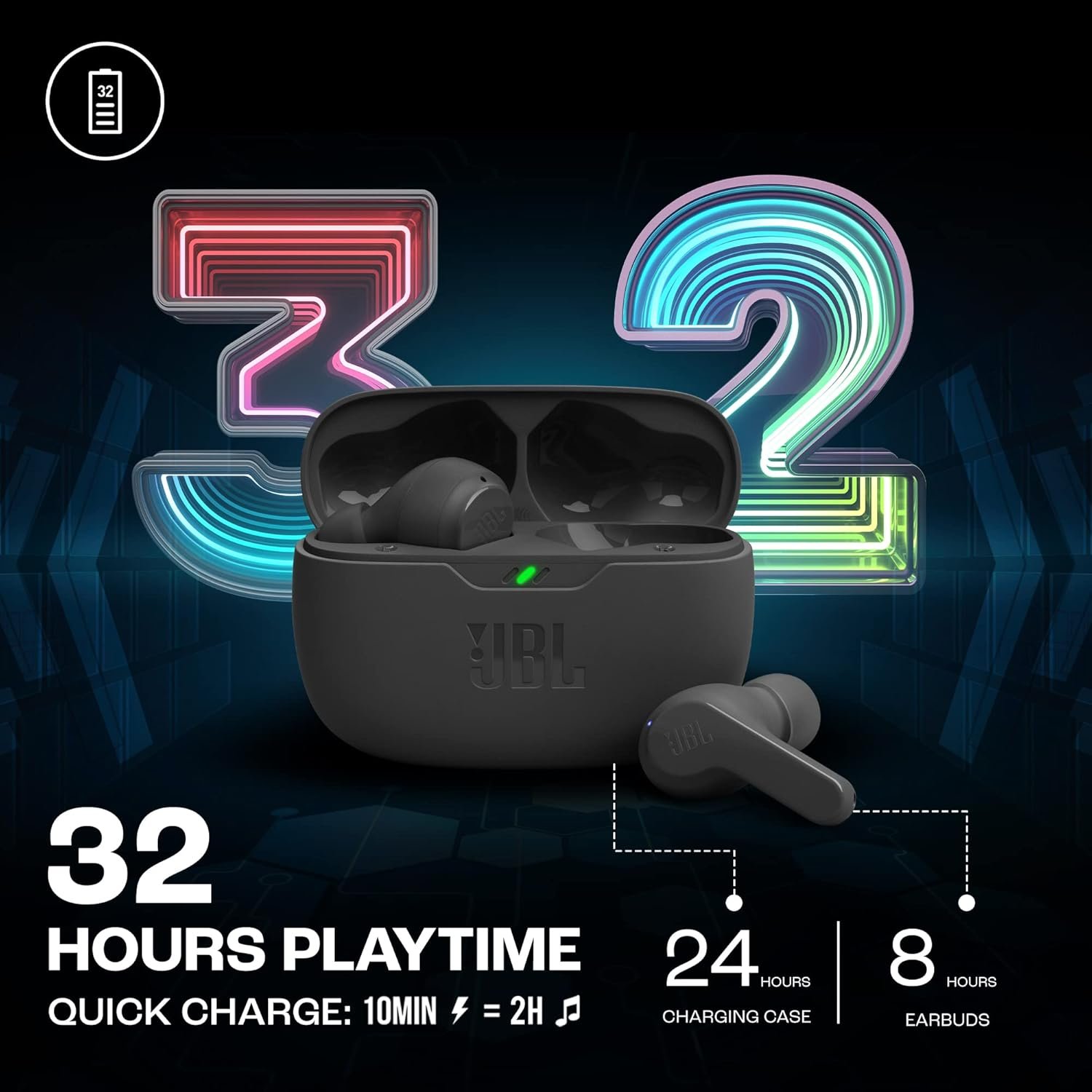 JBL Wave Beam, Écouteurs Intra-Auriculaires sans Fil, Résistance à l'Eau IP54 et IPX2, Appels Mains Libres et Batterie à Autonomie de 32 heures, en Noir – Image 5