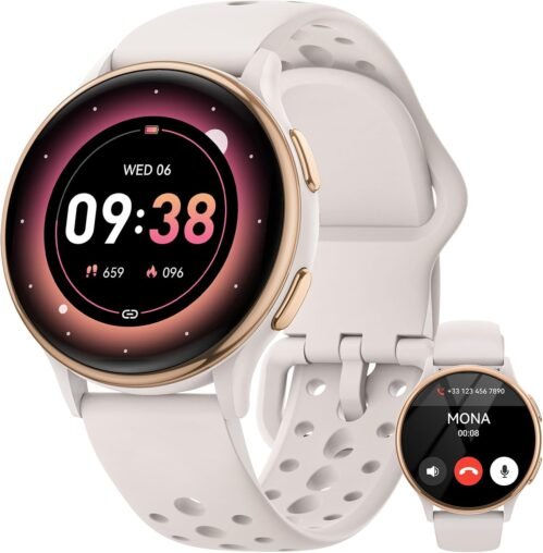 AIMIUVEI Montre Connectée Femme avec Appel, 1.27” Smartwatch avec 100 Modes Sportifs, UVI, 24H Fréquence Cardiaque SpO2 Stress Émotions, Suivi des Règles, Sommeil, Podometre IP68 Android iOS Ivoire/Or