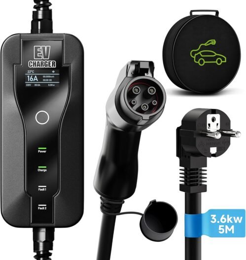 AFYEEV Chargeur Voiture Electrique, 3.6kW Cable Recharge Voiture Electrique Courant Commutable 8/10/13/16A, Ecran Numérique Contrôlable, EV Chargeur Type 1 avec Sac, 5M (SAE J1772)