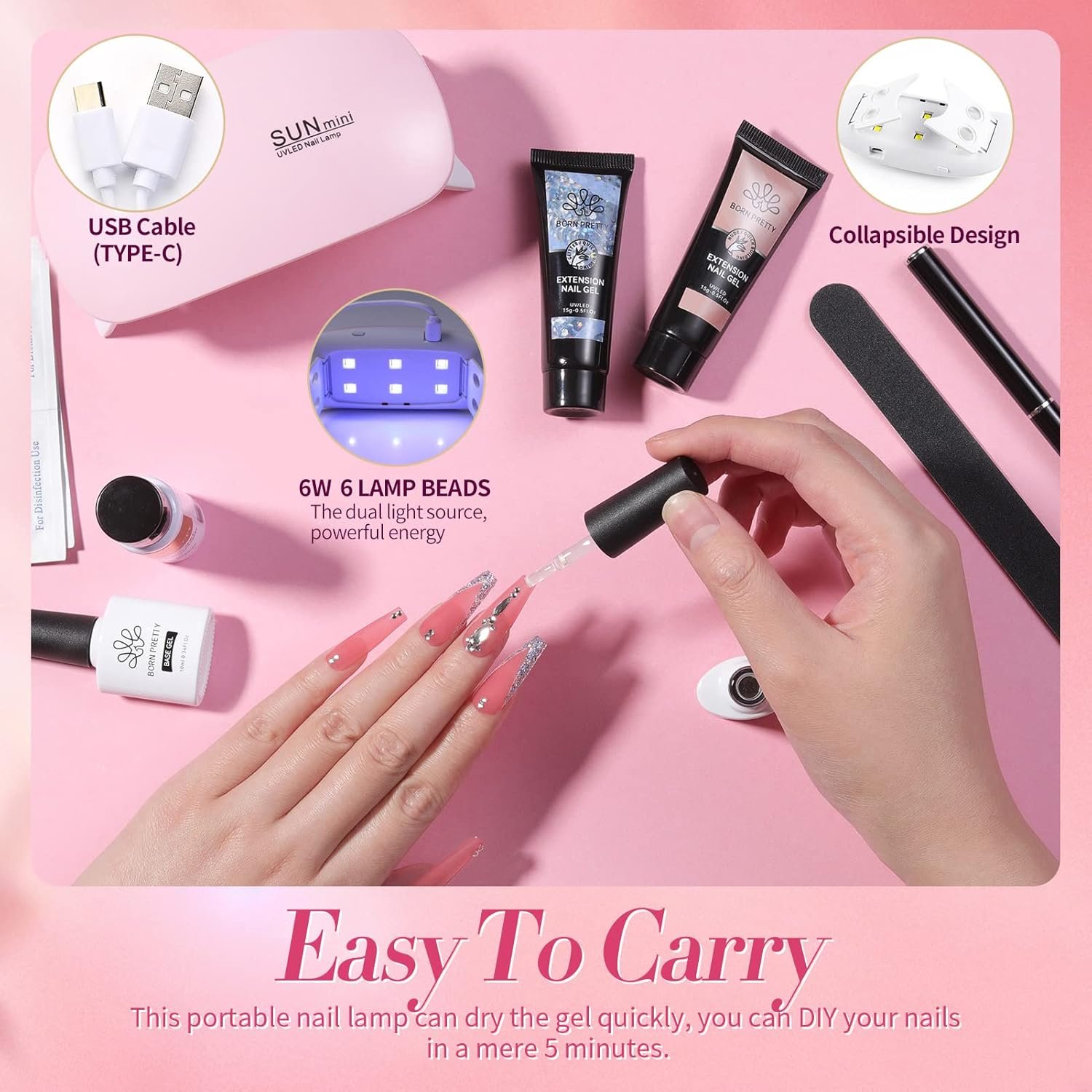 Ongle Gel Kit Complet avec Lampe 145PCS, 6 Couleurs Poly Extension Gel Nail Art Set, Rose Blanc Pailleté Vernis Semi Permanent, Base et Top Coat + Faux Ongles pour Nail Manucures Débutant Starter Kit – Image 4