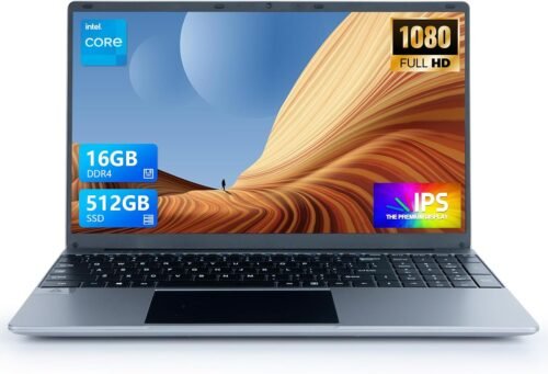 Hcjip Ordinateur Portable 15,6 Pouces, 16Go RAM 512Go SSD PC Portable, Celeron N5095 Processeur Quad-Core, FHD 1080P, USB 3.0, Mini HDMI, TF, Bluetooth, WiFi (Argenté)