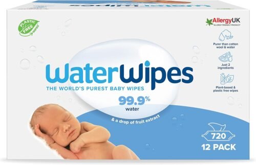 WaterWipes Lingettes Bébés Originales Exemptes De Plastique, 720 Unités (12 Paquets), Lingettes à Base d’Eau à 99,9 %, Non Parfumées pour les Peaux Sensibles