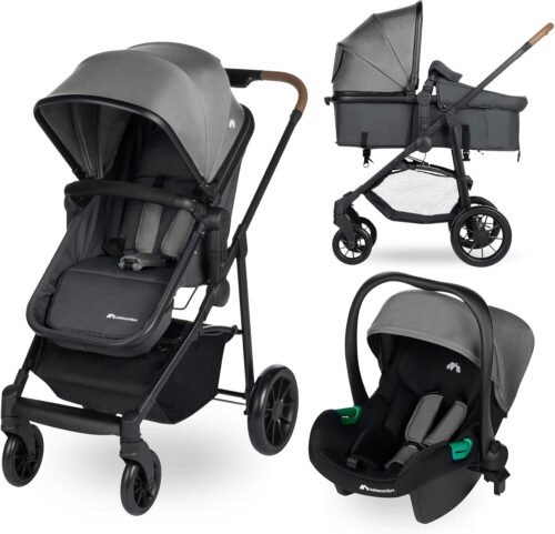 Bebeconfort Haze Trio, Poussette 3 en 1, 0-4 ans, 22 kg max, assise 2-en-1, poussette réversible et légère, siège auto bébé i-Size, pliage compact, panier spacieux, Tinted Stone