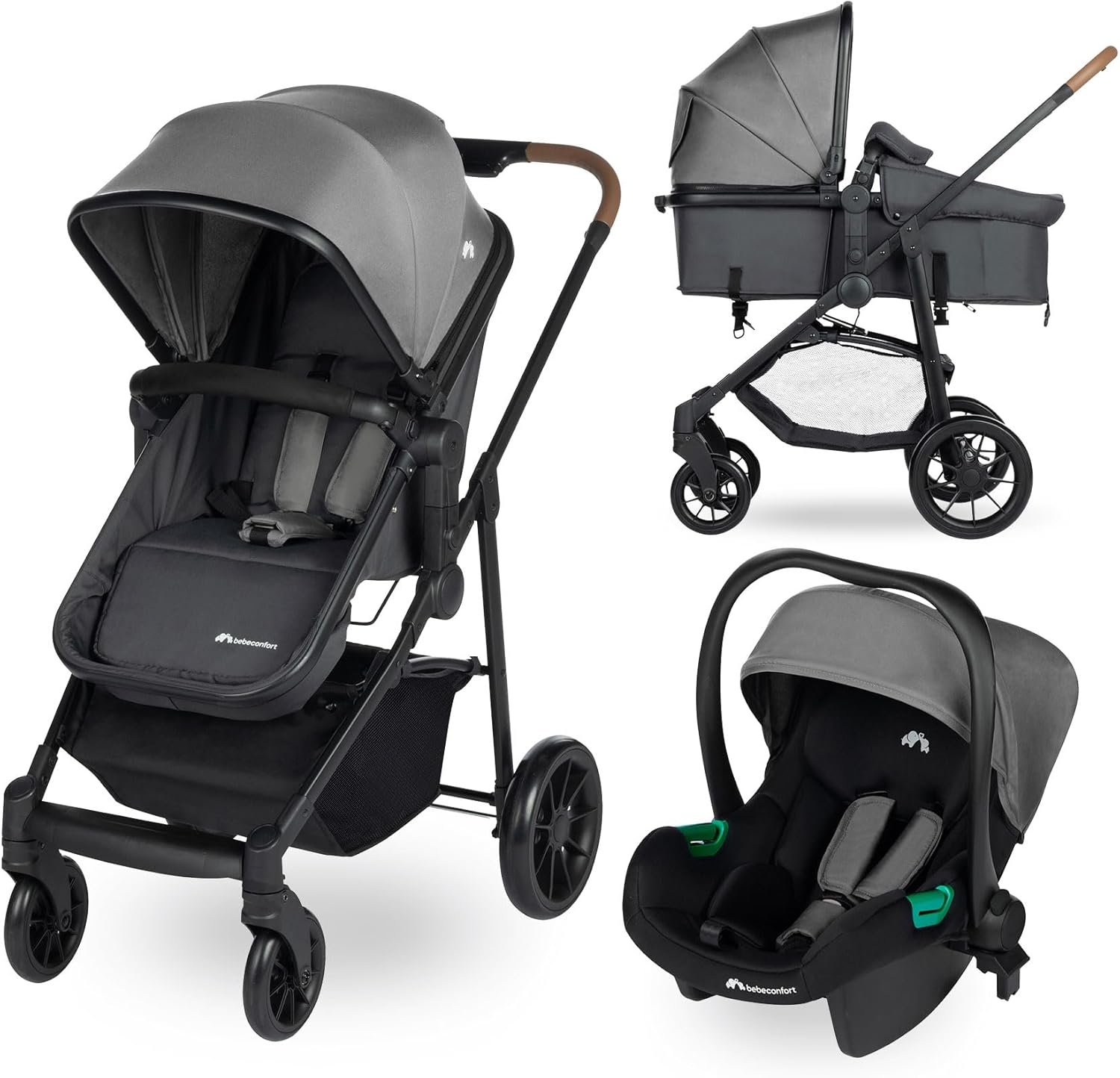 Bebeconfort Haze Trio, Poussette 3 en 1, 0-4 ans, 22 kg max, assise 2-en-1, poussette réversible et légère, siège auto bébé i-Size, pliage compact, panier spacieux, Tinted Stone