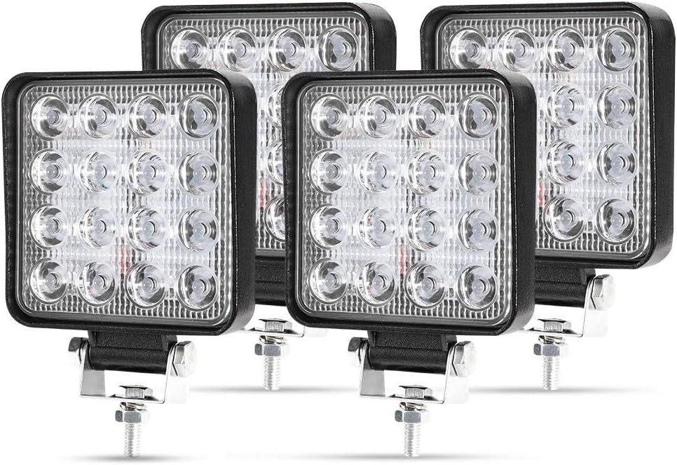 Kraumi 4 X 48W Phare de Travail à led, Projecteur Carré 12V 24V Phares Longue Portee led IP67 Spot Flood Lumière de recul pour Voiture Camion Tracteur SUV Bateau(4 PCS)