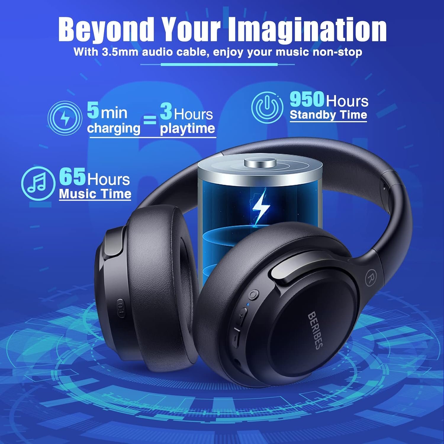 BERIBES Casque Bluetooth sans Fil - Durée de Lecture : 65 h -avec Micro 6 Modes EQ - Style Around-Ear - avec Microphone - pour iPhone/iPad/Android/Ordinateurs Portables – Image 3