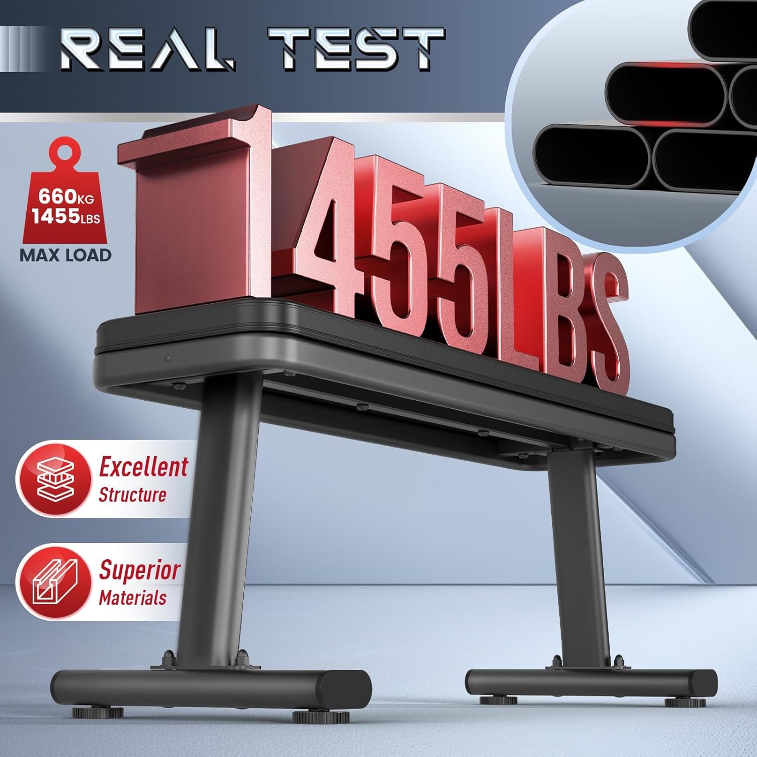 YAMO Banc plat, banc de musculation de 660 kg pour salle de sport à domicile, banc d'entraînement facile à assembler avec embouts de pieds réglables, banc de musculation multifonction pour – Image 2