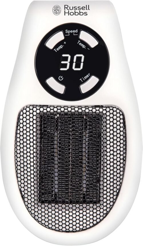 Russell Hobbs RHPH2001 Heater with Ceramic Plug-in Heater, 500 W, Adjustable Thermostat, 12-Hour Timer and LED Display, 2 Fan Speeds, White