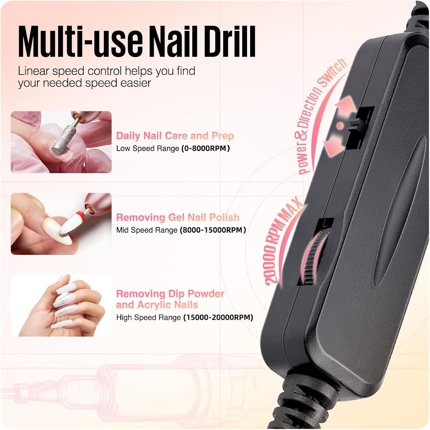 MEFA Ponceuse pour 0ngles, 13 PCS Ponceuse pour Ongles Professionnel, 20000 RPM Lime Electrique Ongle, 13 in 1 Nail Drill, Vitesse et Direction Réglables Kit Manucure Pedicure pour Home Salons – Image 4