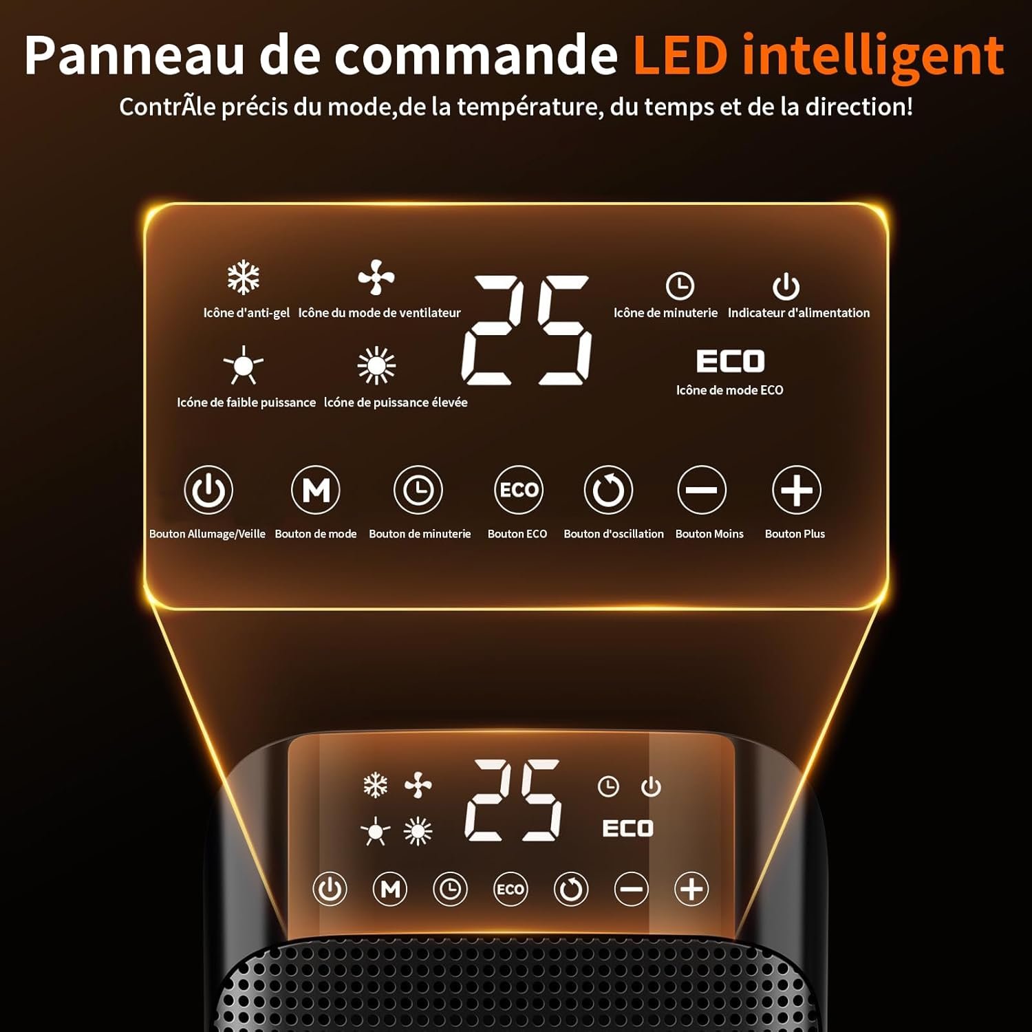 YASHE Chauffage d'appoint 1800W, Radiateur électrique en céramique PTC avec thermostat, minuterie 24h, télécommande, oscillant 75°, protection anti-surchauffe et anti-basculement, mode ECO – Image 4