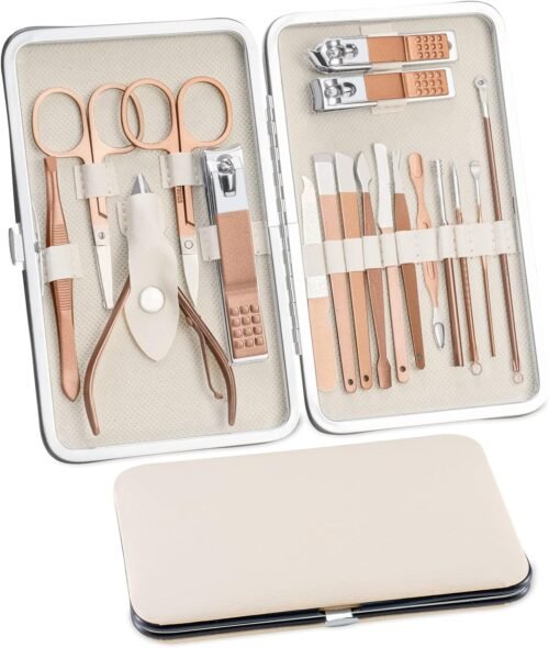 Kit de Manucure Pedicure 18 pièces, Trousse Manucure Femme Homme, Kit de Pédicure pour Pied, Coupe Ongle en Acier Inox, Kit Manicure Ongles Professionnel Outils Accessoires (Or Rose)