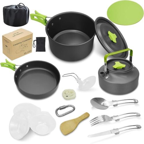 Kit de Casseroles Camping,14PCS Ustensiles de Cuisine de Camping en Aluminium, Portable 2-3 Personnes Casseroles Camping Set pour Camping, Pique-Nique,BBQ, Randonnée, Pédestre