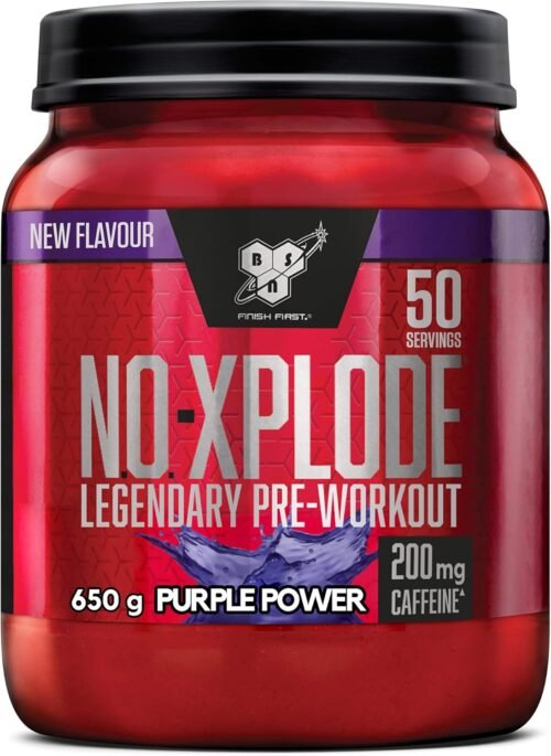 BSN Nutrition N.O.-Xplode Complément alimentaire Pre Workout en poudre, maintient l’énergie et la concentration avec caféine, acides aminés, vitamine C et zinc, goût Purple Power, 50 portions, 650 g