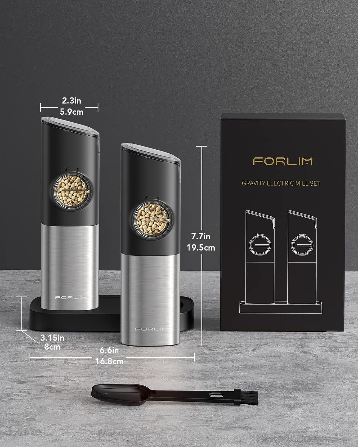 FORLIM Moulins Sel et Poivre Electrique, Rechargeable USB avec Double Base de Chargement, Grossièreté Réglable, Couvercles Anti-Poussière Auto + Lumière LED, Opération à une Main, Lot de 2(Noir) – Image 7