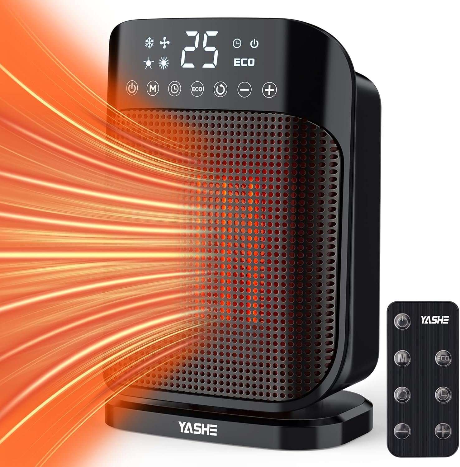 YASHE Chauffage d'appoint 1800W, Radiateur électrique en céramique PTC avec thermostat, minuterie 24h, télécommande, oscillant 75°, protection anti-surchauffe et anti-basculement, mode ECO