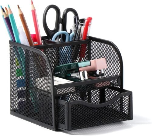 Vinabo Rangement Bureau, Organisateur de Bureau en Filet MéTallique, Pot a Crayon Bureau avec 4 Compartiments de Tri, Porte Stylo Peu Encombrant avec Tiroir Coulissant pour Papeterie, Maison, école