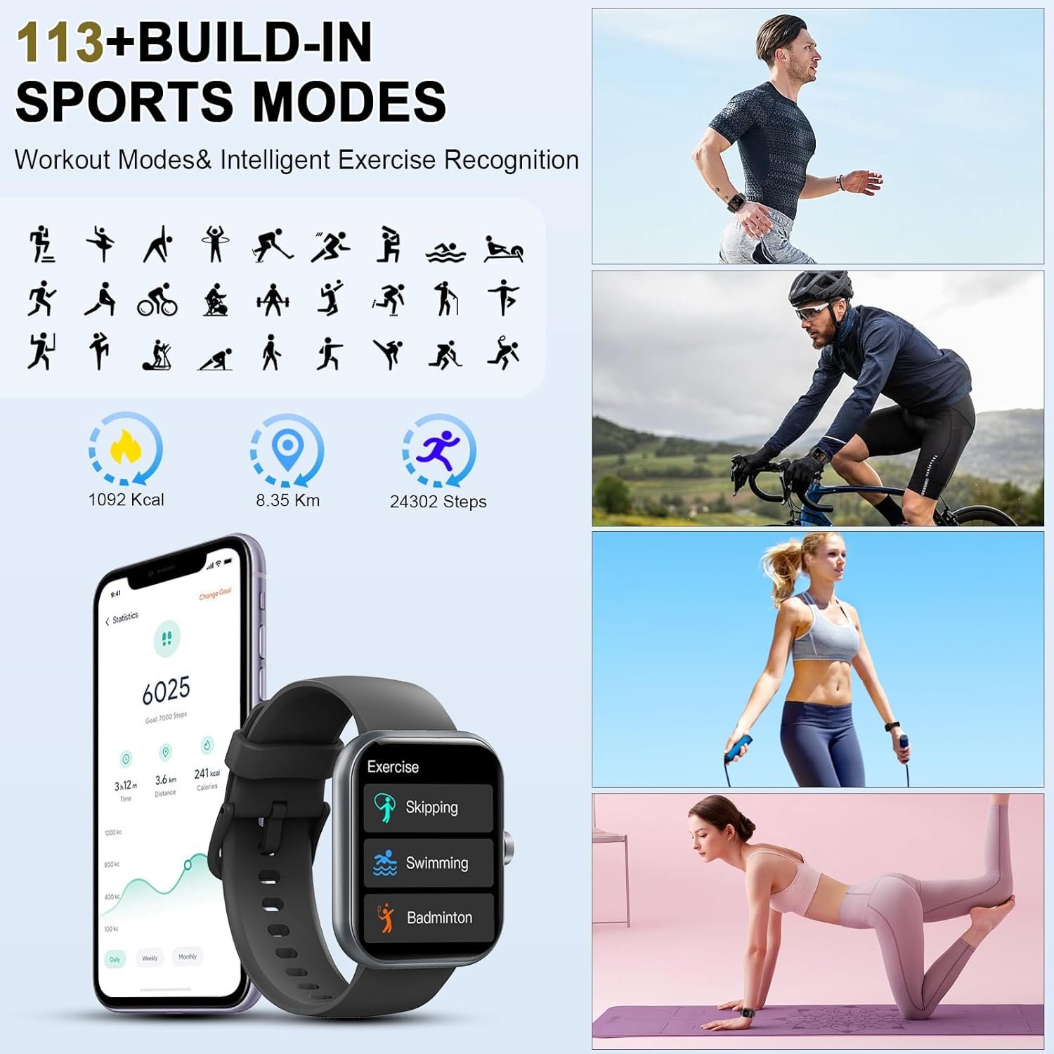 Montre Connectée Homme Femme, 1.96"HD Smartwatch avec Appel Bluetooth, Montre Connectee 113+Mode Sport Moniteur Sommeil/ Fréquence Cardiaque/Podomètre Etanche IP68 Montre Intelligente pour Android iOS – Image 5