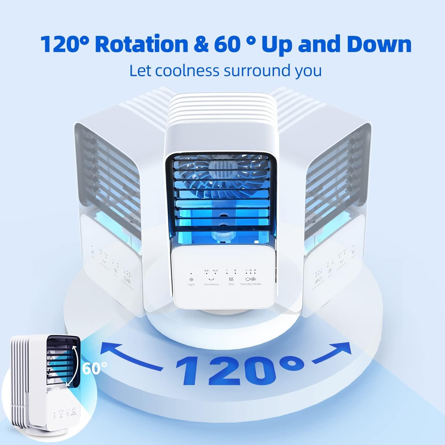 OMISOON Climatiseur Portable, Climatiseur Mobile Silencieux 4 en 1, 120° Oscillation, Refroidisseur d'air de 700 ml, 3 Vitesses, 2 Modes de Brumisation, Mini Climatiseur Adapté à la Coucher, Bureau – Image 4