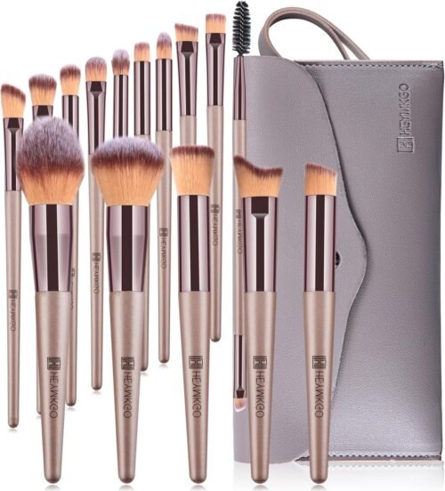 HEYMKGO Pinceaux Maquillages, Lot de 15 Set Pinceaux Maquillage Professionnel avec Trousse en Cuir PU, Kit Pinceau Maquillage Champagne Doré Trousse Makeup Brushes pour Fond de Teint Mélange de Poudre