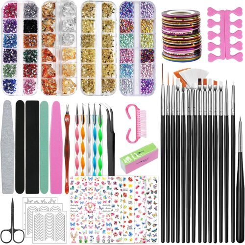 SAMISO 96 Pièces Kit de Nail Art Pinceau,15 Pcs Pinceaux Ongles Nail Art Brosses, 5 Stylos Dotting, 30 Pcs Striping Tape Autocollant, 3 Boîtes Ongles Strass,Nail Art Accessoires Professionnel kit