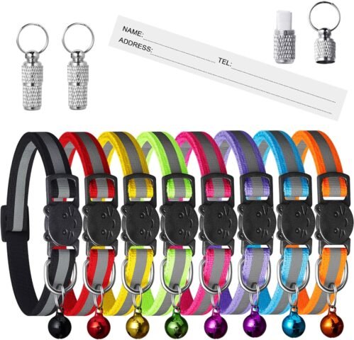 Extodry Colliers de sécurité pour Chat à libération Rapide, Collier réfléchissant avec clochettes, réglable de 19,1 à 31,5 cm, Convient pour Les domestiques (8 Couleurs et Lot de 2 étiquettes