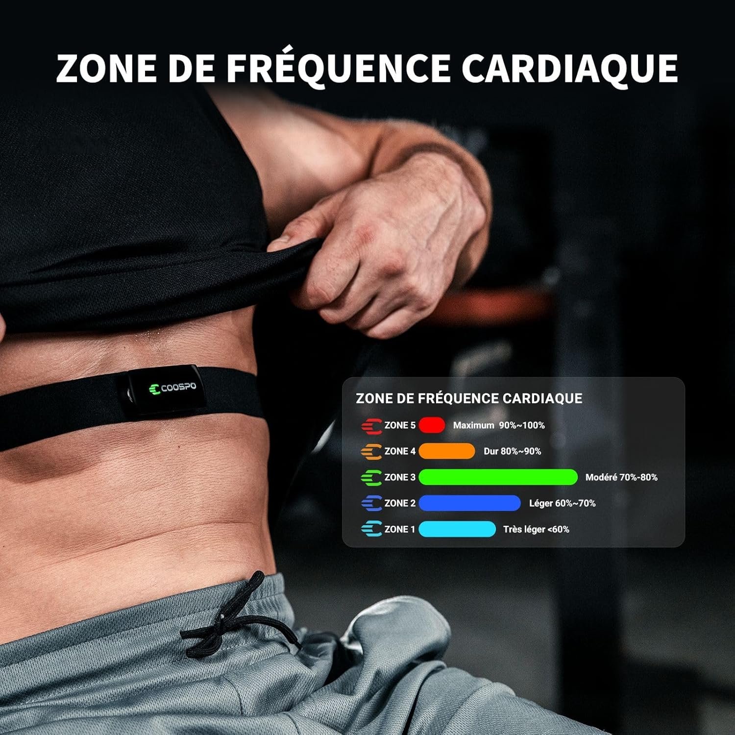 COOSPO Cardiofrequencemetre H9Z Rechargeable, Bluetooth 5.0 Ant+ Fitness Tracker HRM Capteur Fréquence Cardiaque, Étanche IP67 Ceinture Cardio Compatible avec Wahoo, Zwift, Strava, Elite HRV – Image 2
