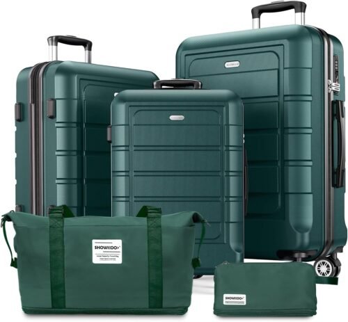 SHOWKOO Set de 5 Valise Rigide de Voyage Légère PC+ABS Extensible Durable Trolley Sets de Bagages Cabine avec Trousse de Toilette et Sacs de Voyage, Verte