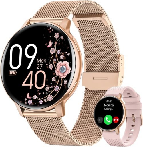 HASAKEI Montre Connectée Femme avec Appel Bluetooth 5.3, Smartwatch IP68 avec Fonction Féminine/120+ Modes Sport/Fréquence Cardiaque/Sommeil/SpO2 Montre Connectée Podomètre Calories Android iOS Or