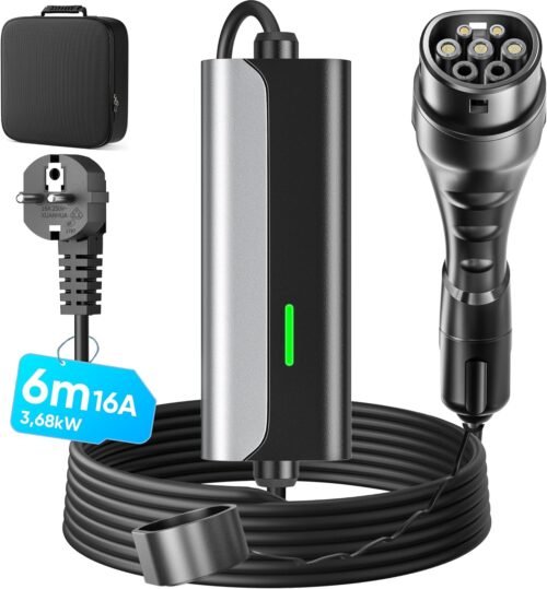 Chargeur Voiture Electrique Type 2-16A – 3,68kW – 6M Portable Recharge Voiture Electrique, Câble Recharge Type 2, EV Chargeur Rapide 3,7 KW, Vec Voyant LED, IEC 62196-2, IP65, pour EVs Und PHEVs