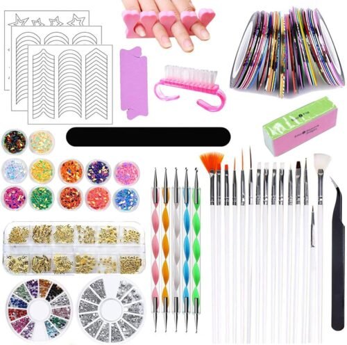 Kit de Nail Art Pinceau, 15 Pcs Pinceaux Ongles Nail Art Brosses 5 Pcs Dotting Pens Dotting Tool Nail Art 30 Pcs Striping Tape Autocollant 1 Boîte de Strass Colorés 1 Boîte de Paillettes
