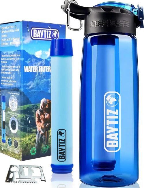 BAYTIZ ® Gourde Filtrante + Paille de Survie au Charbon Actif – Bouteille Filtre à Eau Nomade : Voyage Randonnée Trek Camping Kit Purificateur Réutilisable Plastique Sac Pluie Catastrophe