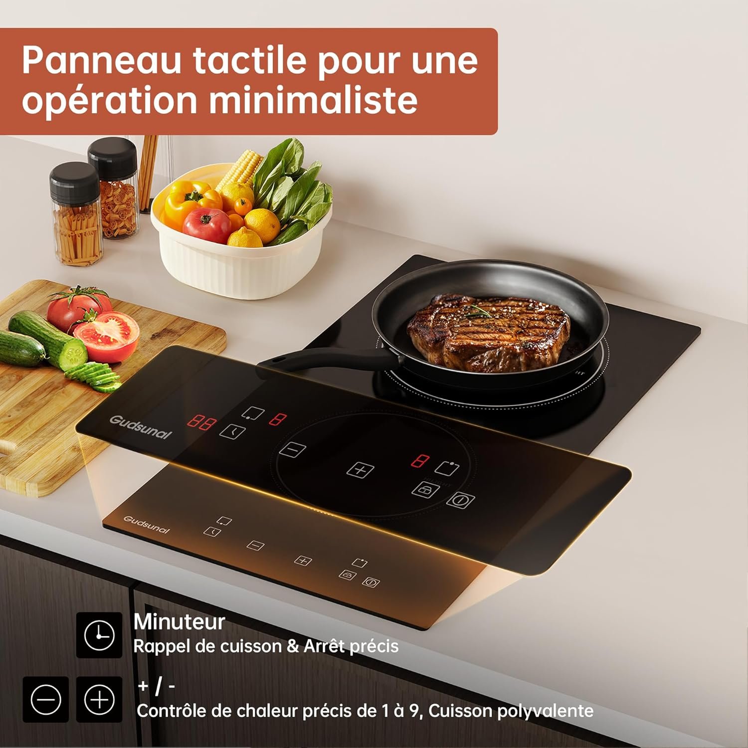 Gudsunal Plaque Vitrocéramique 2 Feux Encastrable, 3000W, 9 Niveaux de Puissance, Minuteur, Arrêt Automatique, Verrouillage Enfant, Indication de Chaleur Résiduelle,Table de Cuisson à 2 Feux – Image 3