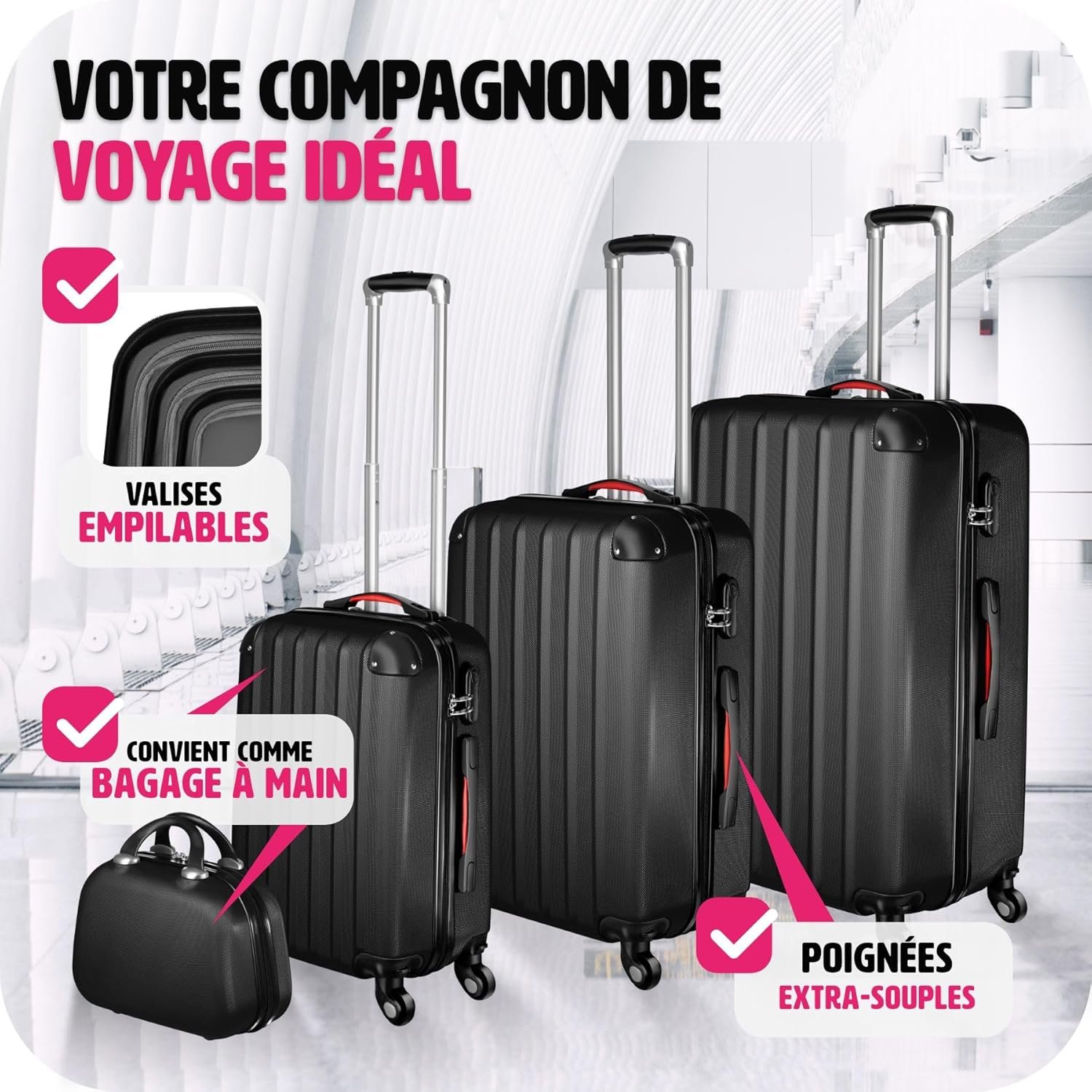 TecTake Lot de 4 Valises Cabine de Voyage à roulettes Grande Taille Valise soute Multifonction en ABS Polypropylène, avec Trousse de Toilette - Noir – Image 4