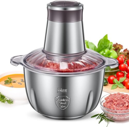 FOHERE Hachoir Électrique, Mini Hachoir à Viande Electrique 2.5L avec 4 Lames en Inox, Hachoir Ail Electrique Multifonction pour Viande, Légumes, Oignon et Fruits, 2 Niveaux de Vitesse