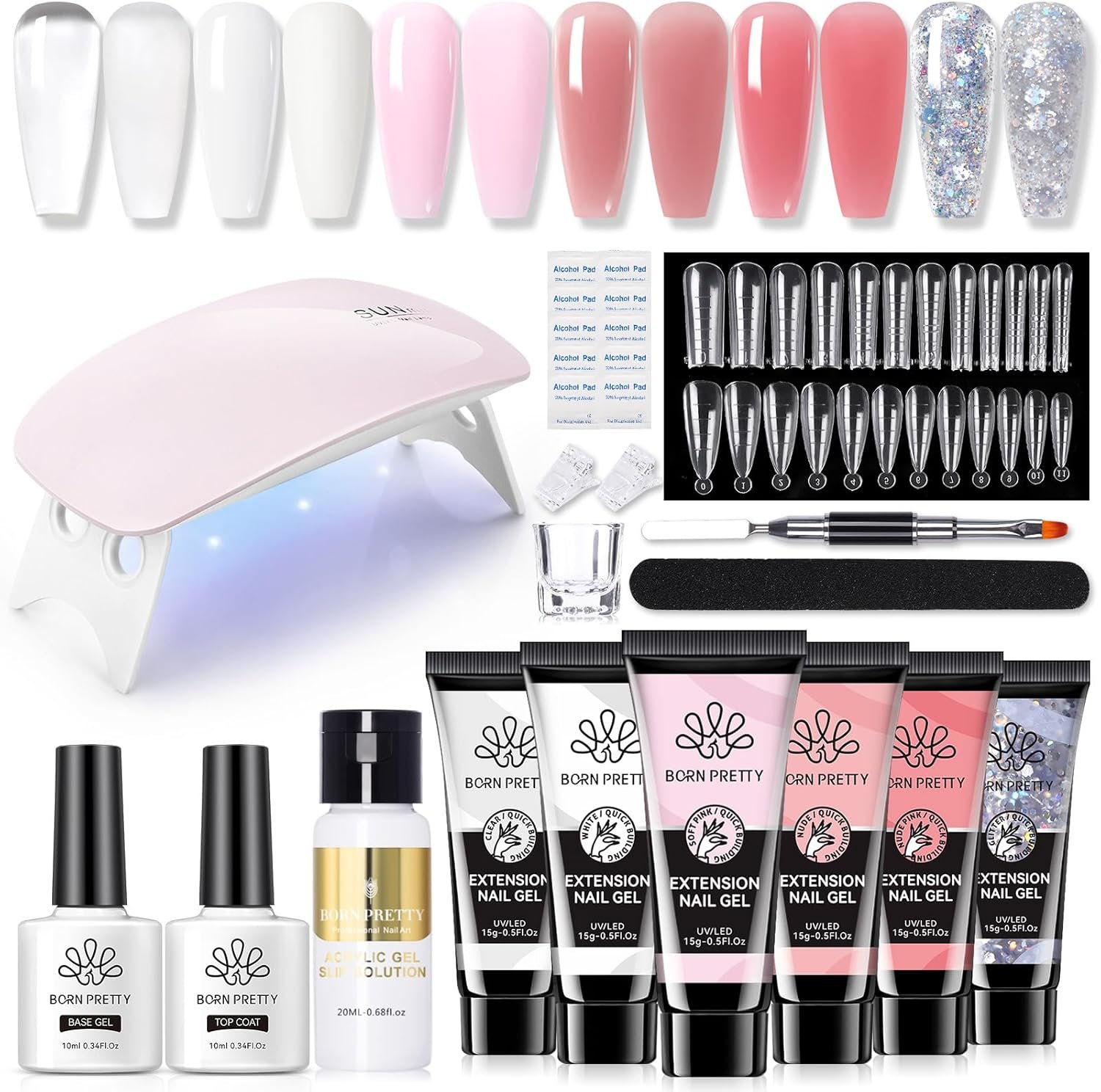 Ongle Gel Kit Complet avec Lampe 145PCS, 6 Couleurs Poly Extension Gel Nail Art Set, Rose Blanc Pailleté Vernis Semi Permanent, Base et Top Coat + Faux Ongles pour Nail Manucures Débutant Starter Kit