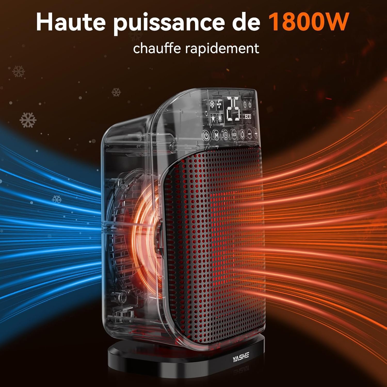 YASHE Chauffage d'appoint 1800W, Radiateur électrique en céramique PTC avec thermostat, minuterie 24h, télécommande, oscillant 75°, protection anti-surchauffe et anti-basculement, mode ECO – Image 2