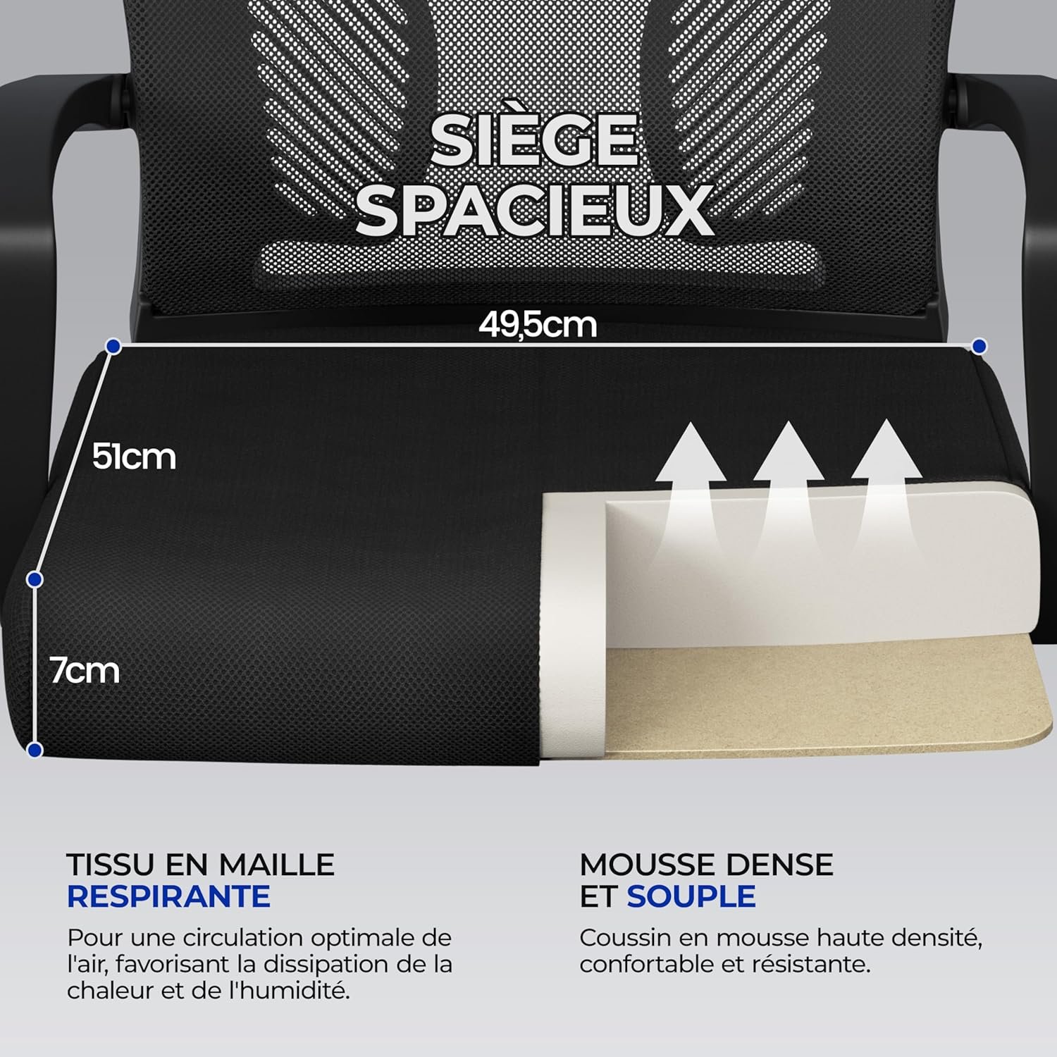 Yaheetech Chaise Bureau avec Siège Dossier en Maille Respirante Hauteur Réglable Fauteuil d'Ordinateur Inclinable à Roulettes Pivotantes Charge 136kg Noir – Image 8