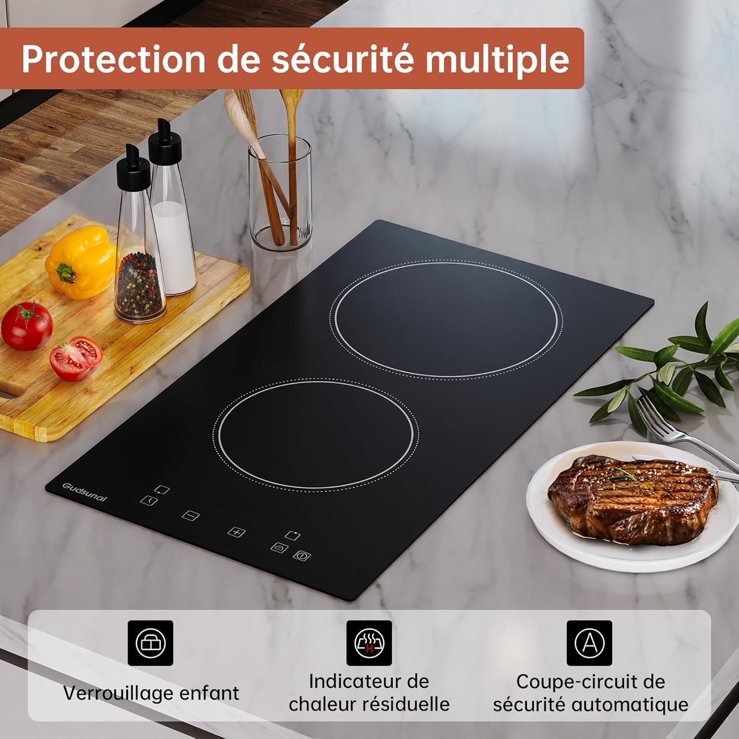 Gudsunal Plaque Vitrocéramique 2 Feux Encastrable, 3000W, 9 Niveaux de Puissance, Minuteur, Arrêt Automatique, Verrouillage Enfant, Indication de Chaleur Résiduelle,Table de Cuisson à 2 Feux – Image 5