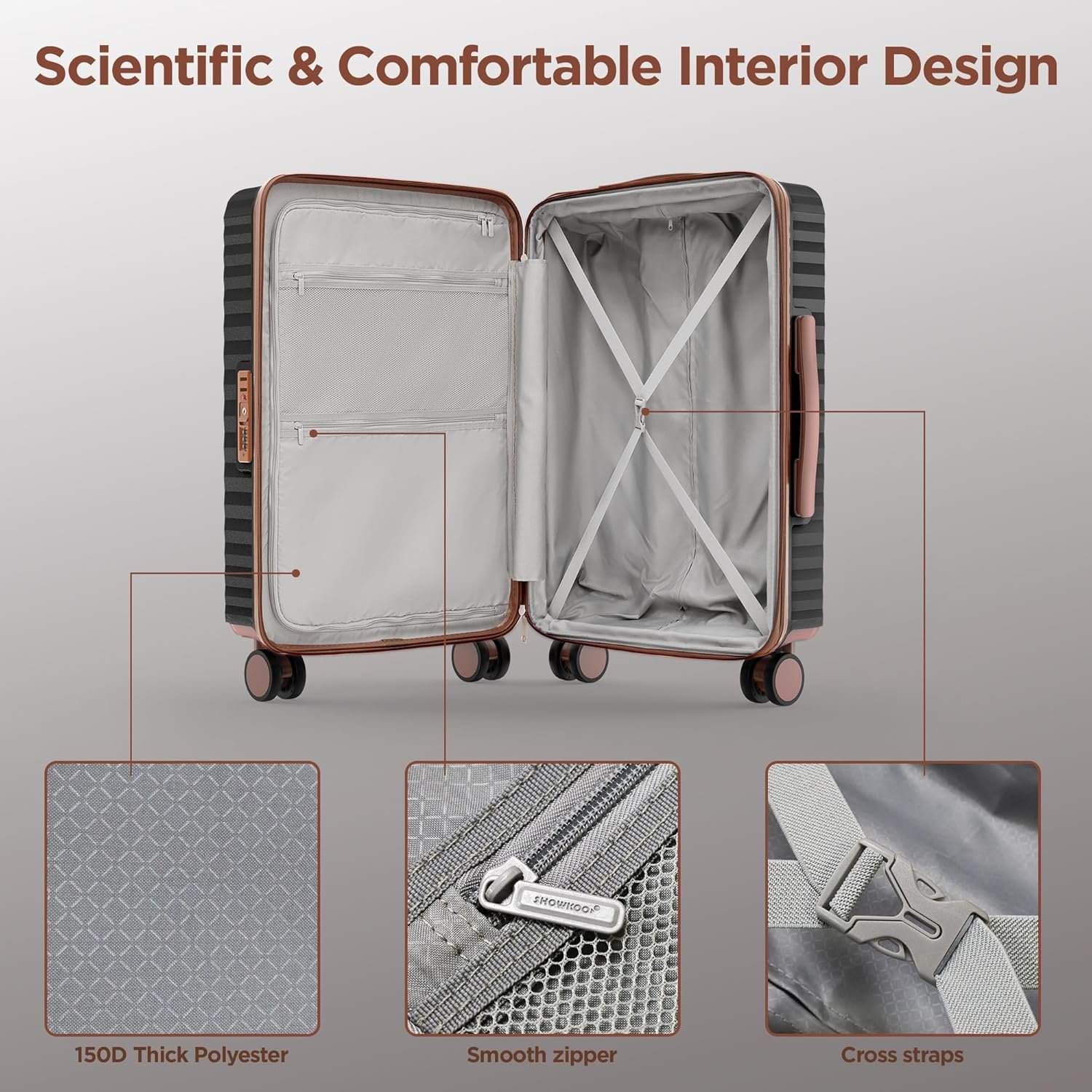 SHOWKOO Set Valise 3 de Voyage Rigide Cabine Extensible 100% PC Grande Taille Sets de Bagages à 360° roulettes Pivotantes Silencieuses et Serrure TSA (M L XL-Noir Élégant) – Image 8