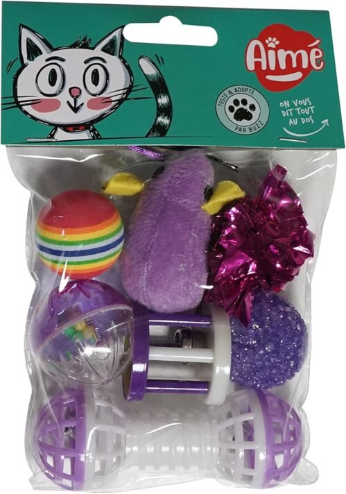 Aimé | Lot de 7 Jouets pour Chat | Jouets pour Chat Intérieur et Extérieur | Jeux pour Chat Variés et Amusants | Facile à Ranger et à Transporter | Convient à tous les Chats