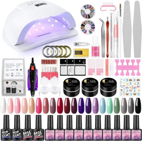 COSCELIA 20pcs kit uv ongle Complet Kit Vernis Gel Semi Permanent 80W UV/LED Lampe Poly Extension Gel 12W Ponceuse à Ongle Ponçage Accessoires Remover Pad Nail Art Débutants Kit Manucure
