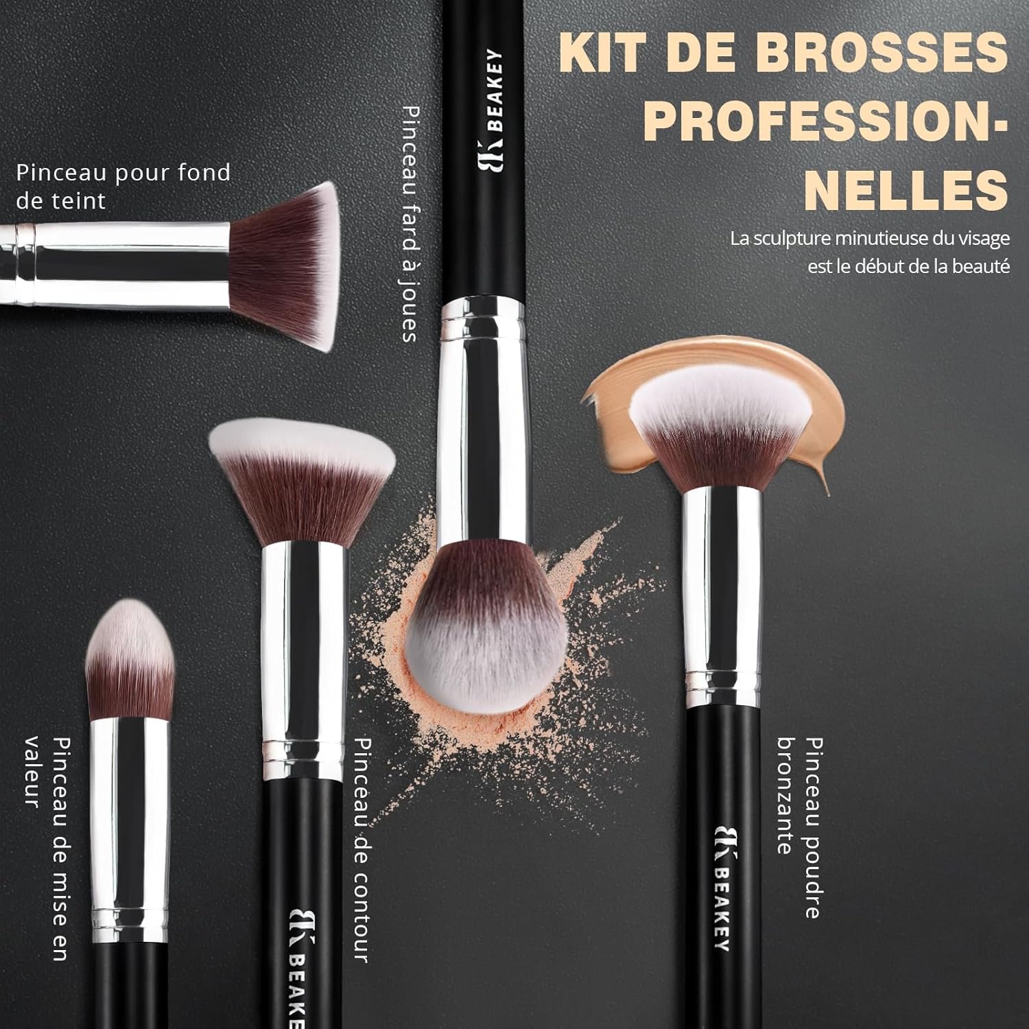 BEAKEY Pinceaux Maquillages Professionnel, Pinceau Maquillage Pour Fond de Teint Blush L'anti-cernes Fard à Paupières Poudre Libre, Avec Blender Eponge(10+2pcs, Noir/Argent) – Image 5