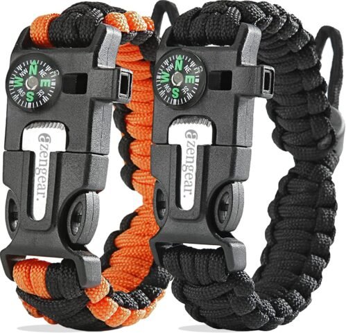 Bracelets de Survie en paracorde (Lot de 2) Allume-feu en silex et Acier, sifflet, Boussole, Longueur de Bracelet réglable pour Camping, Survie en Pleine Nature, kit d’urgence