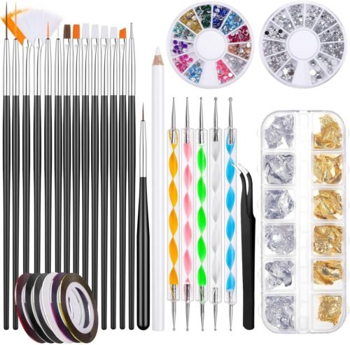 Kiiwah Kit de 31 Pièces Nail Art Design, 15 Pinceau à Ongles, 5 Dotting Pens, 2 Boîtes Ongles Strass, 10 Striping Tape et Feuille de Or & Argent pour Manucure Professionnel Femmes
