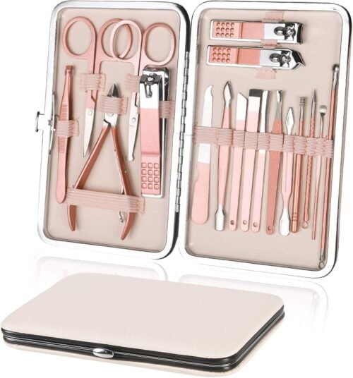 URAQT Kit Manucre Pedicure, 18pcs Ensemble de Coupe-Ongles Professionnel, Coupe-Cuticule en Acier Inoxydable, Kit de Manucure de Pédicure avec Boîte de Voyage et Maison Exquise (Or Rose)