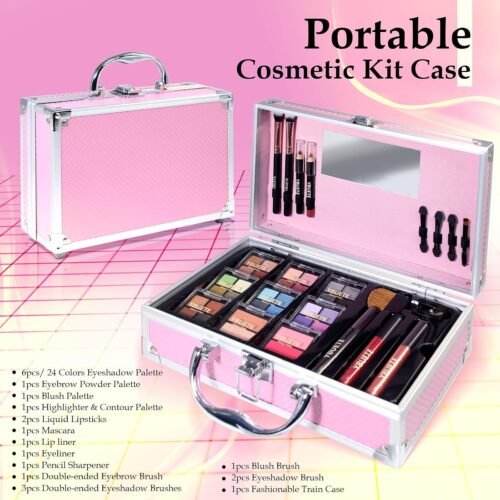 YBUETE Makeup Kit for Teens, Makeup Gift Set for Girls Women, Beginner Makeup Kit with Cosmetic Train Case Included Eyeshadow Blusher Contour Eyebrow Powder Lip Gloss Lip Liner Mascara Eyeliner