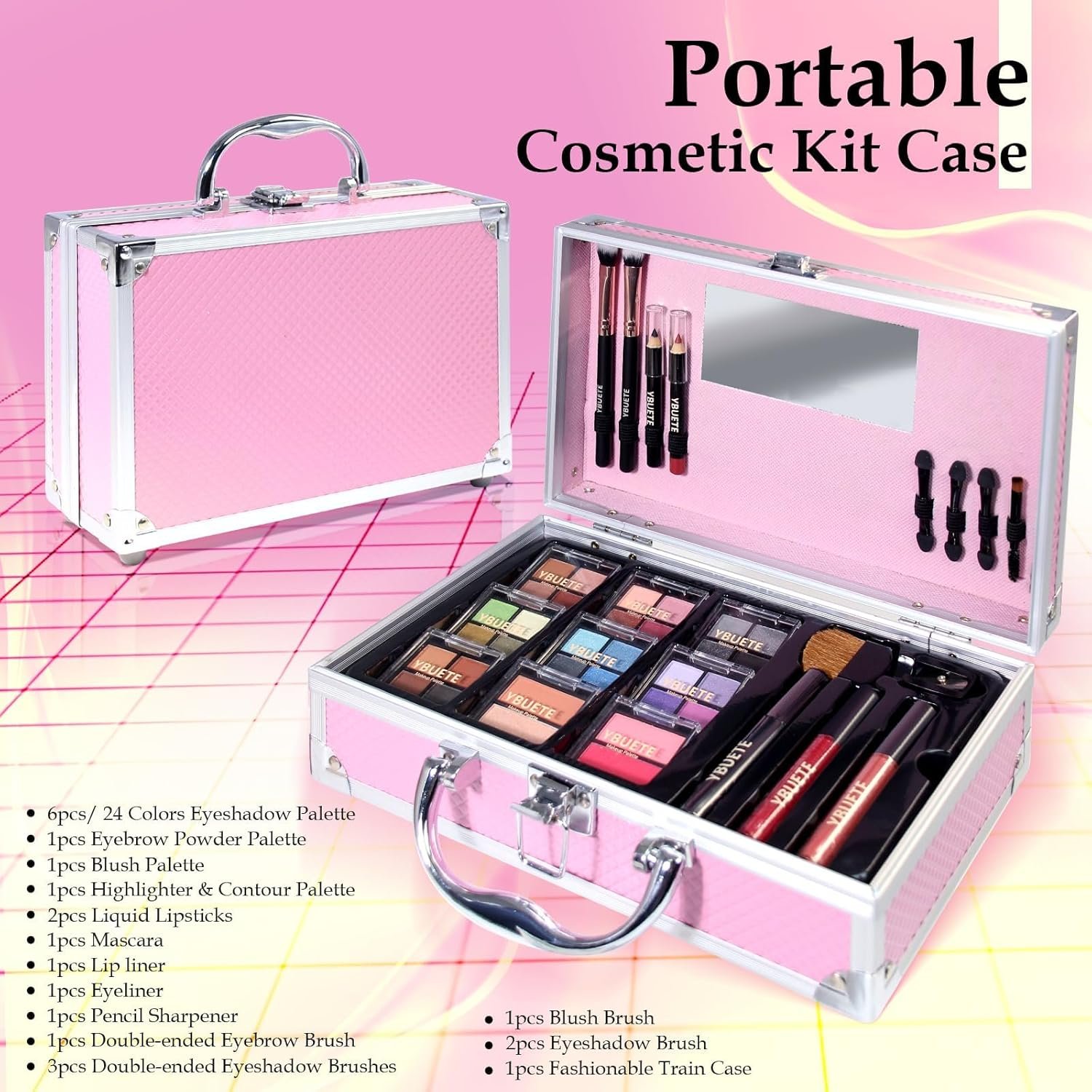 YBUETE Makeup Kit for Teens, Makeup Gift Set for Girls Women, Beginner Makeup Kit with Cosmetic Train Case Included Eyeshadow Blusher Contour Eyebrow Powder Lip Gloss Lip Liner Mascara Eyeliner